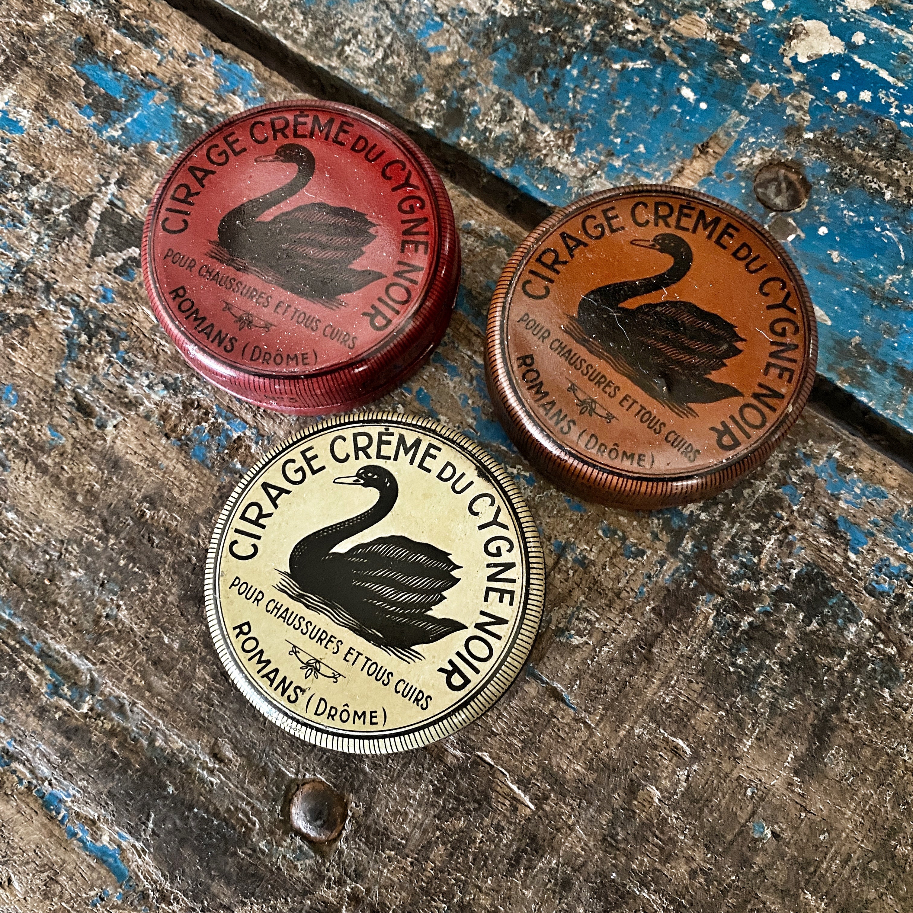 3 CYGNE NOIR Polish WHITE/RED/BROWN french small metal tin boxes 3 CYGNE NOIR Polish WHITE/RED/BROWN french small metal tin boxes