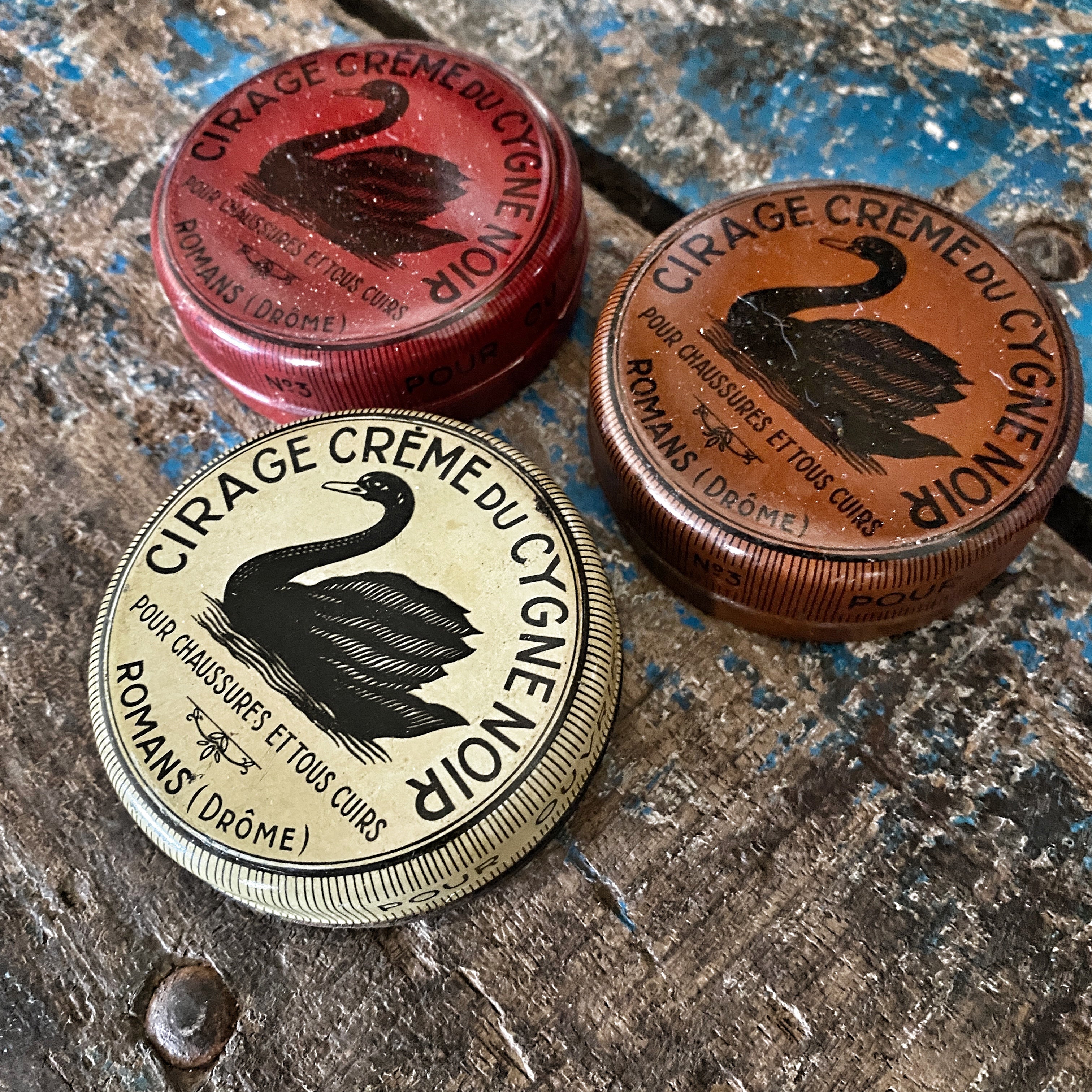 3 CYGNE NOIR Polish WHITE/RED/BROWN french small metal tin boxes 3 CYGNE NOIR Polish WHITE/RED/BROWN french small metal tin boxes