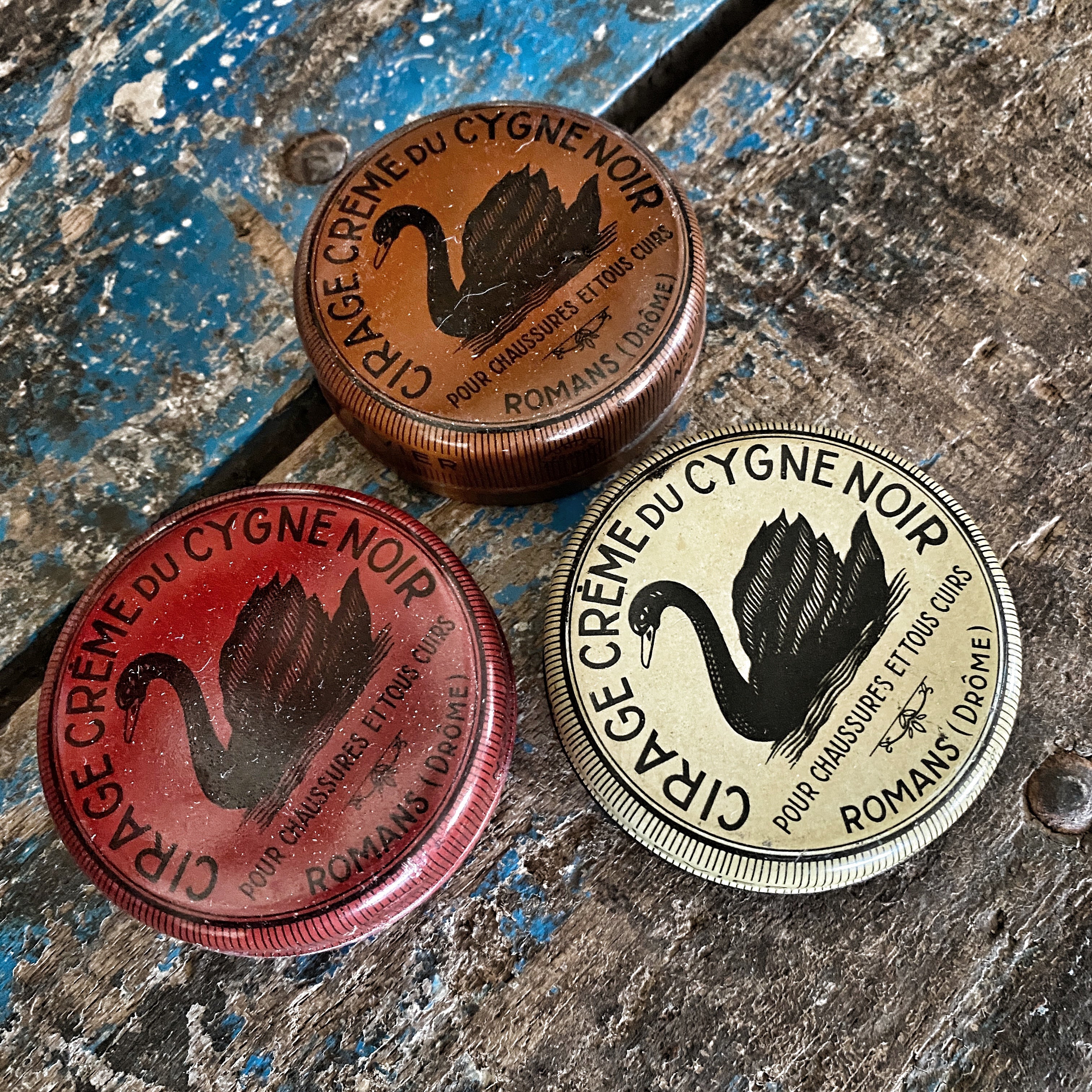 3 CYGNE NOIR Polish WHITE/RED/BROWN french small metal tin boxes 3 CYGNE NOIR Polish WHITE/RED/BROWN french small metal tin boxes